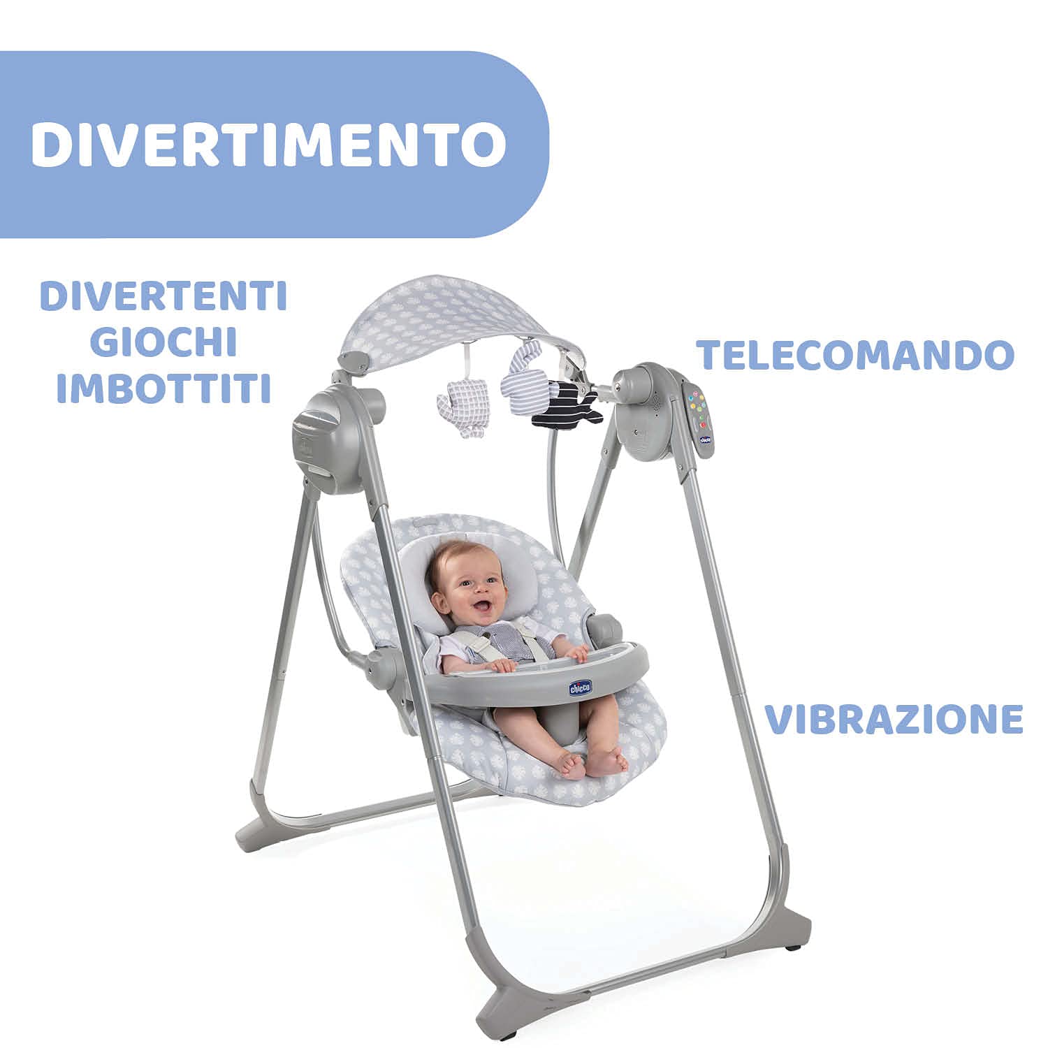 Chicco Polly Swing Up Altalena Elettrica Neonato da 0 Mesi a 9 Kg, Sdraietta Regolabile e Dondolo Automatico, con Vibrazione, Giochi Pendenti, Musiche e Telecomando, Chiusura Compatta, Leaf, Grigio
