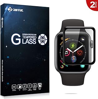 RIFFUE Protector Pantalla iWatch 4 / Apple Watch Series 4, Cristal Vidrio Templado Glass Premium [Cobertura Completa] Protector de Pantalla para Apple Watch Series 4 44 mm - Negro [2 Unidades]