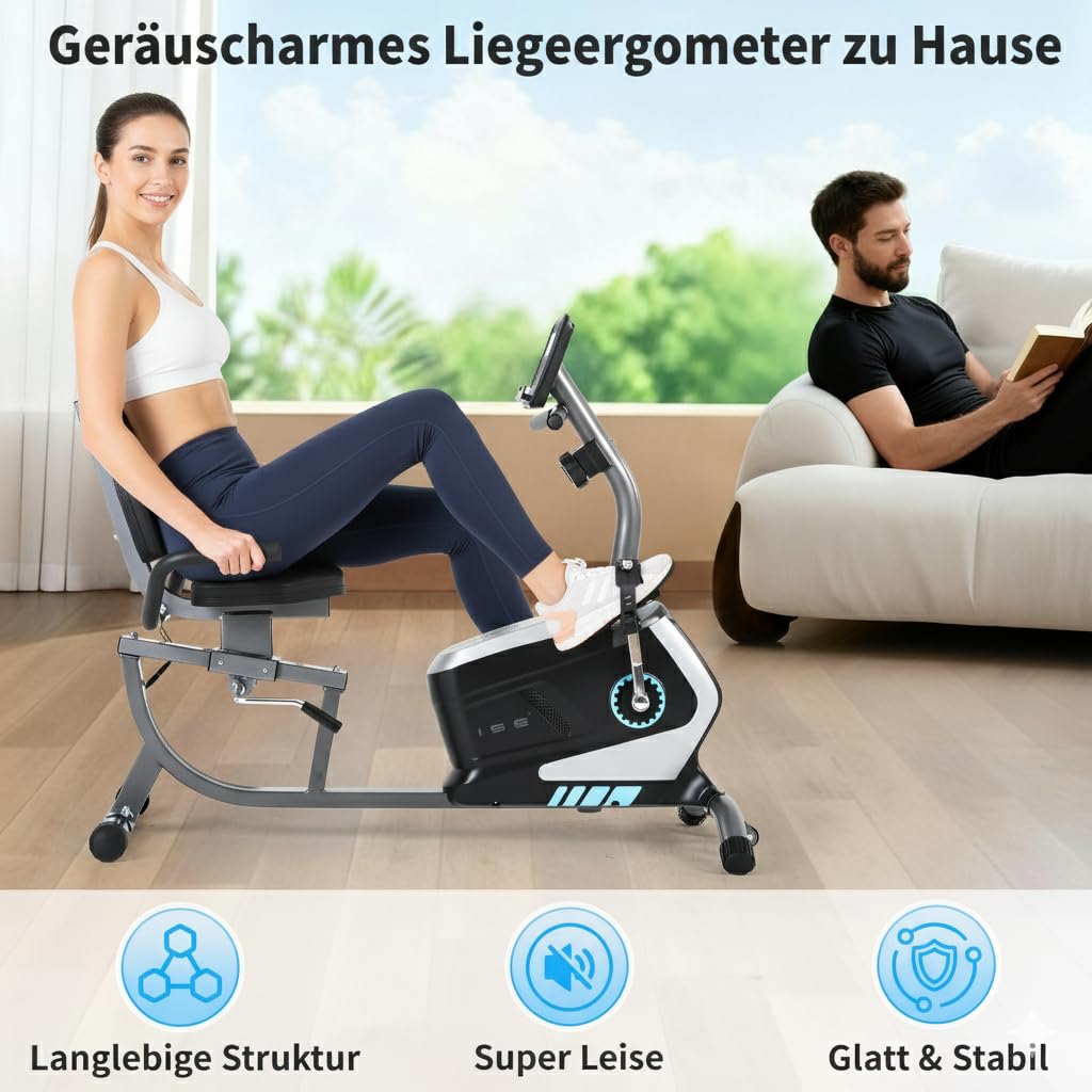 ISE Liegeergometer für Zuhause mit 8 verstellbaren Widerstandsstufen, Heimtrainer Fahrrad mit Pulssensoren und LCD-Display, Liegerad Heimtrainer mit verstellbarer Rückenlehne
