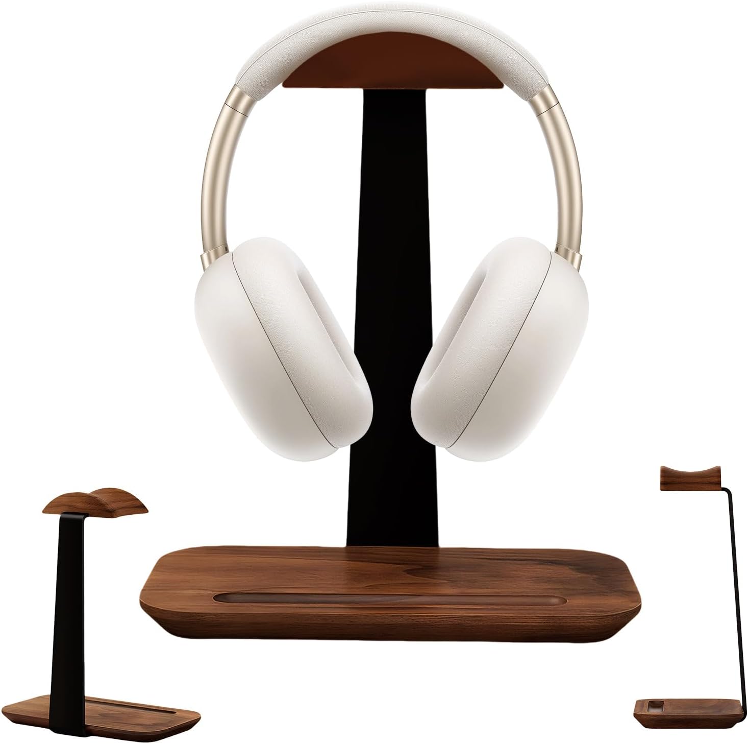 Walnut Wood Headphone Stand,Headphone Rack with Storage Base Plate,Headphones Holder for Study Rooms,Gaming Spaces,Desktop,Office