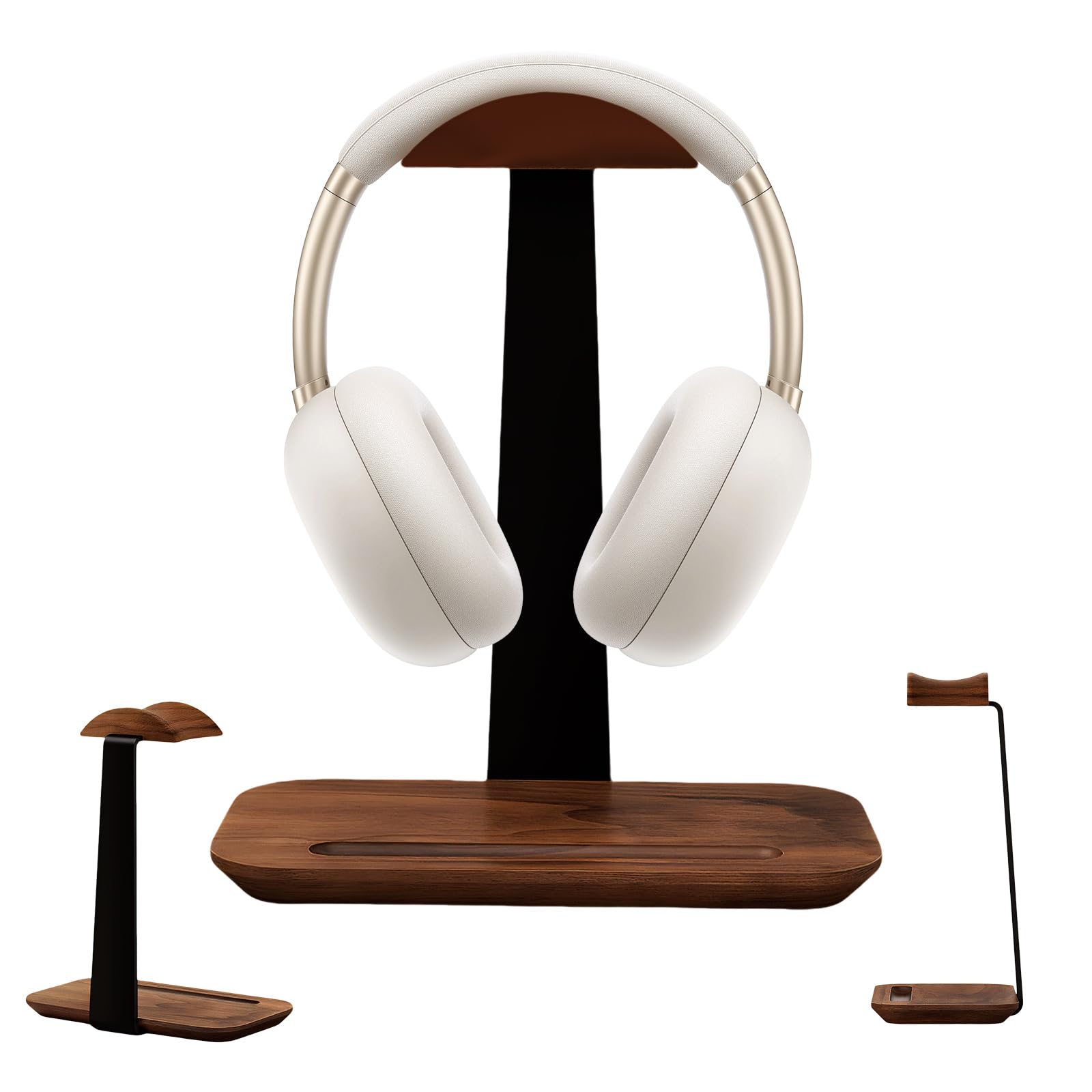 Walnut Wood Headphone Stand,Headphone Rack with Storage Base Plate,Headphones Holder for Study Rooms,Gaming Spaces,Desktop,Office-image-21