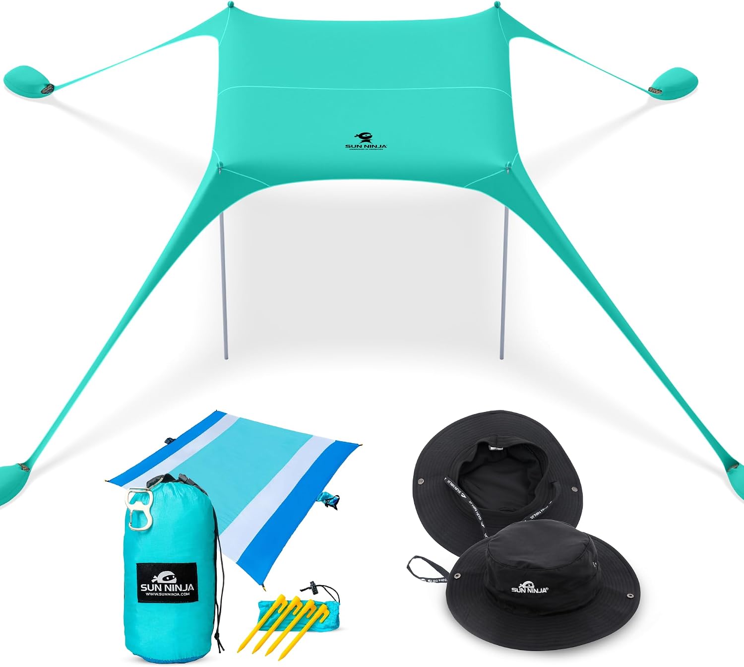 SUN NINJA Beach Tent Bundle with Beach Blanket and UPF 50+ Beach Hat