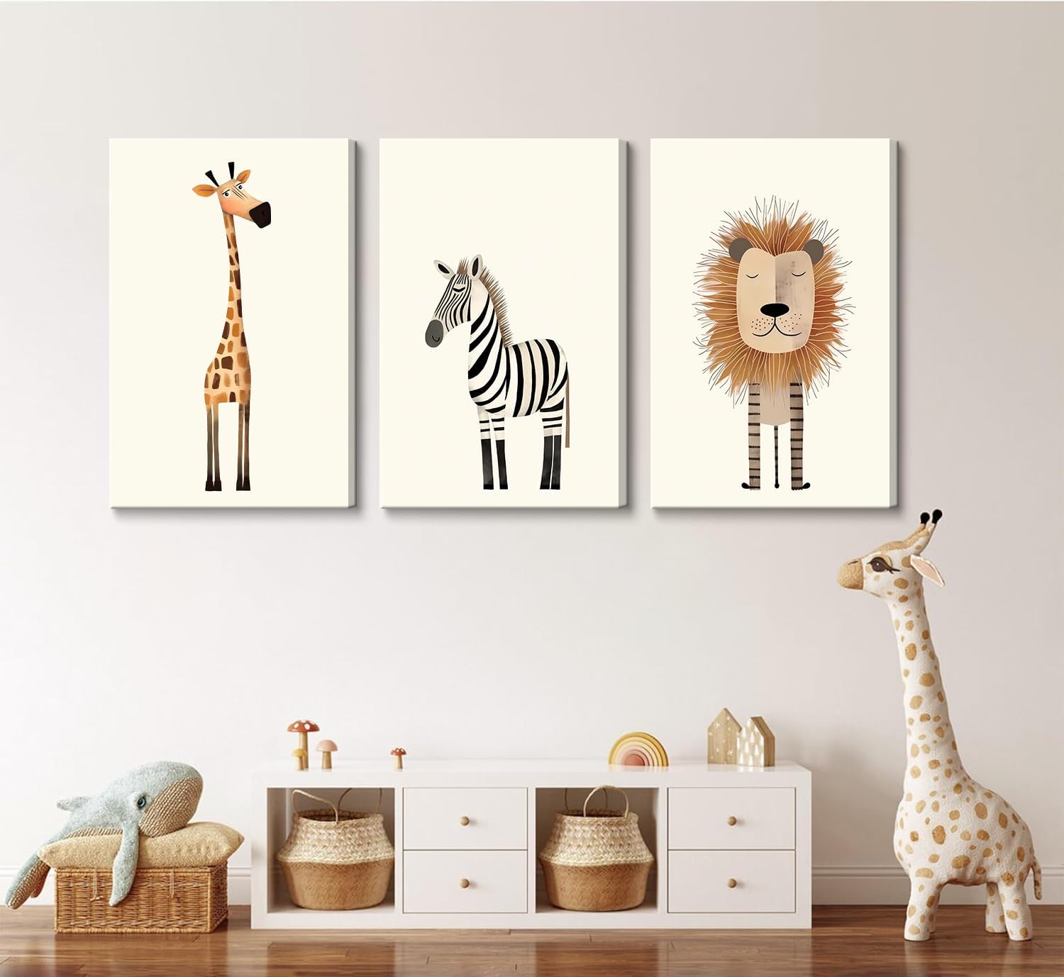 Safari Nursery Wall Art Baby Animal Canvas Wall Decor Cute Giraffe Lion Zebra Jungle Pictures Prints Posters for Baby Boy Girl Children's Room Bedroom Home Decorations 16x24inx3 Framed Animal 16"Wx24"H