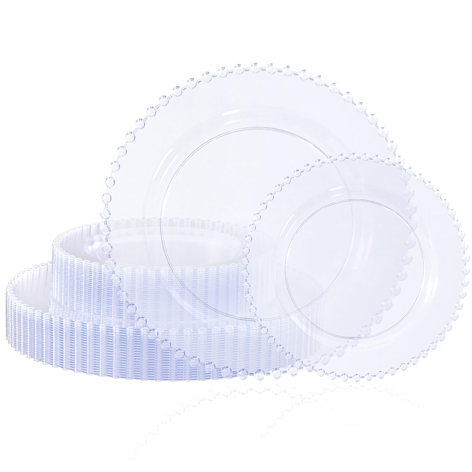 U-QE 50 pieces Clear Plastic Plates - Fancy Beaded Plates Disposable Heavy Duty - Premium Hard Plastic Plate for Party, Wedding & Birthday Including 30 Dinner10 & 30 Dessert Plate 7"