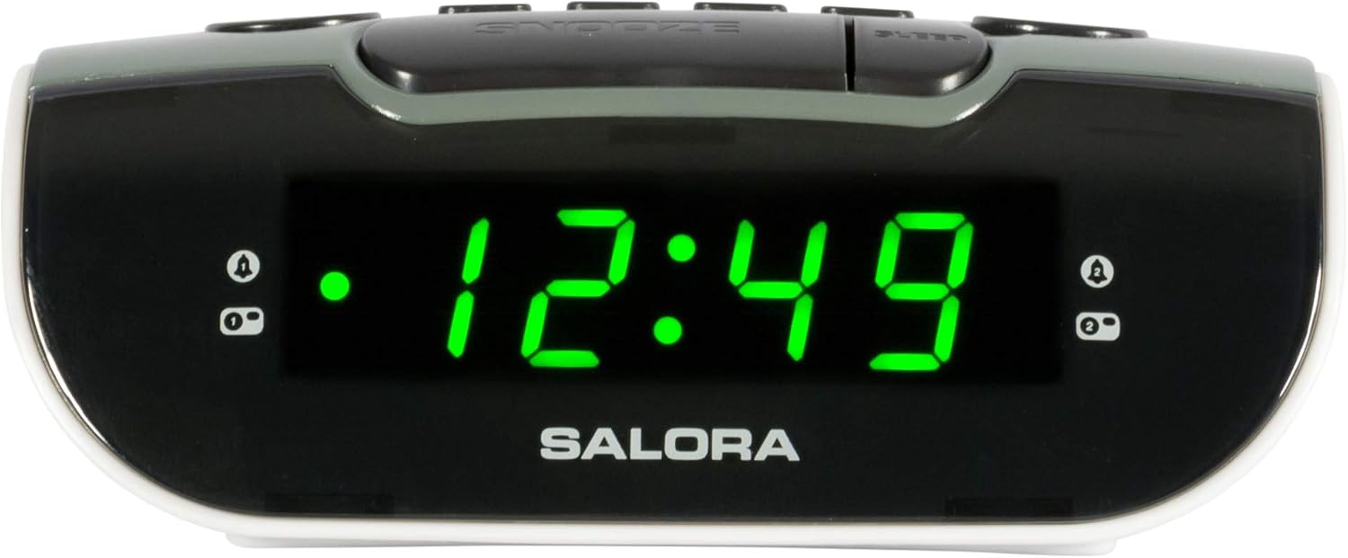 SALORA CR612 Digital Alarm Clock Radio display showing time and alarm indicators