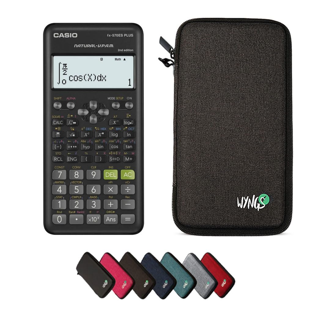 Casio fx-570ES Plus 2nd Edition con Funda Protectora WYNGS Gris Oscuro - Calculadora Científica - Paquete Básico