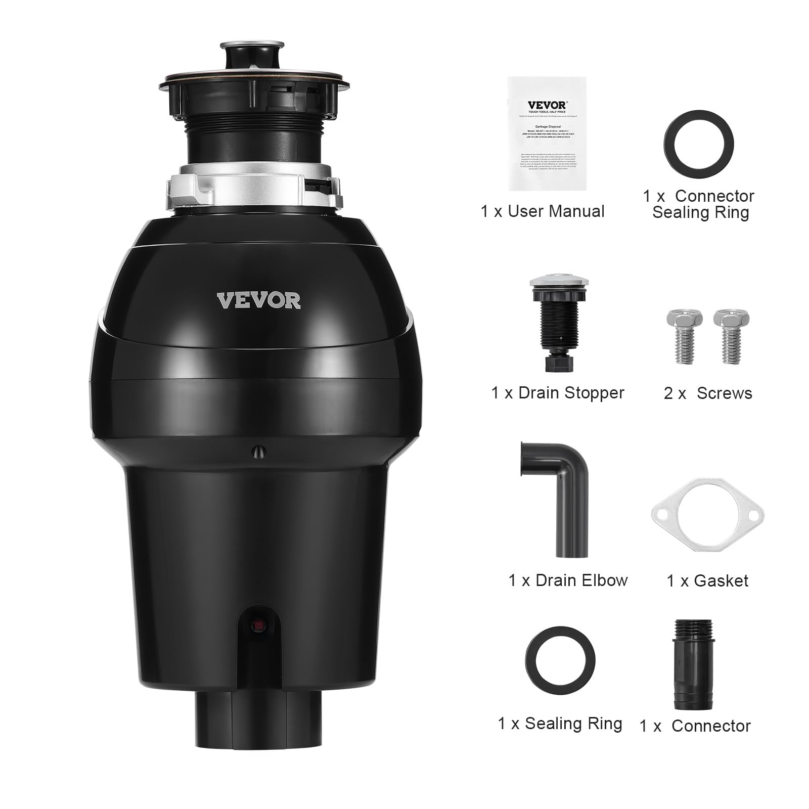 VEVOR Tritarifiuti per Lavello da Cucina, 0,74 kW, Sistema di Smaltimento Rifiuti Alimentari in Acciaio Inox, Motore CC, Supporto EZ, 3960 giri/min, con Cavo di Alimentazione, Paraspruzzi per la Casa
