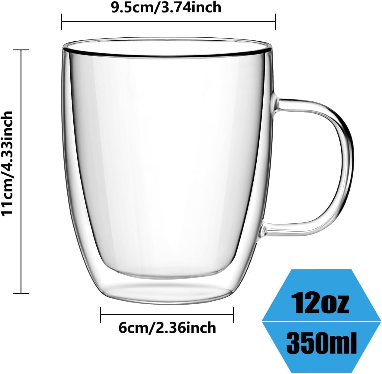Double Wall Glass Coffee Mugs 350ml / 12oz – Set of 2 Insulated Clear Cups for Espresso, Latte, Cappuccino, Tea, Hot or Cold Drinks (12oz set of 4)