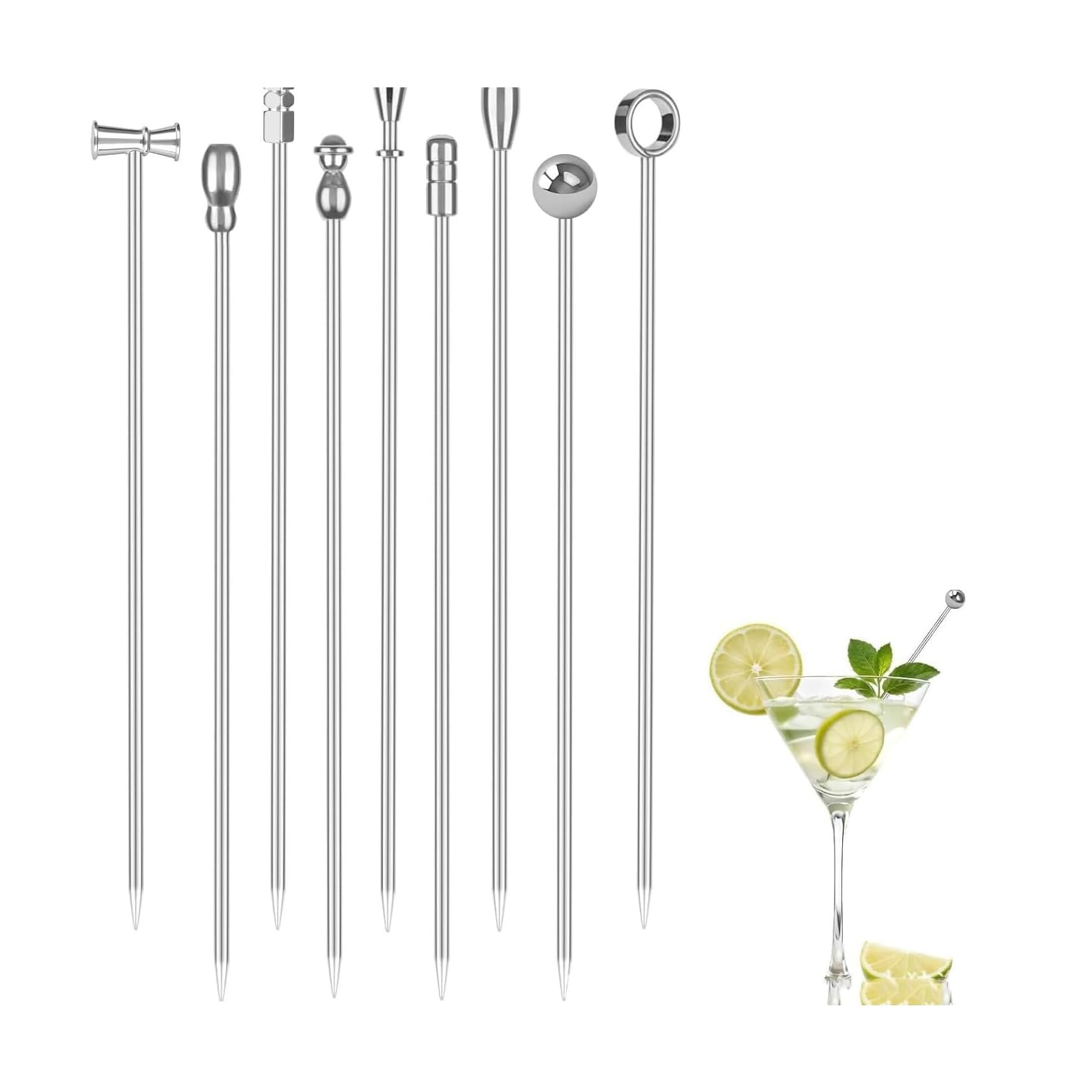 18 Pcs 304 Stainless Steel Cocktail Sticks - 9 Unique Designs, Reusable Olive Picks for Cocktails, Desserts & Garnishes
