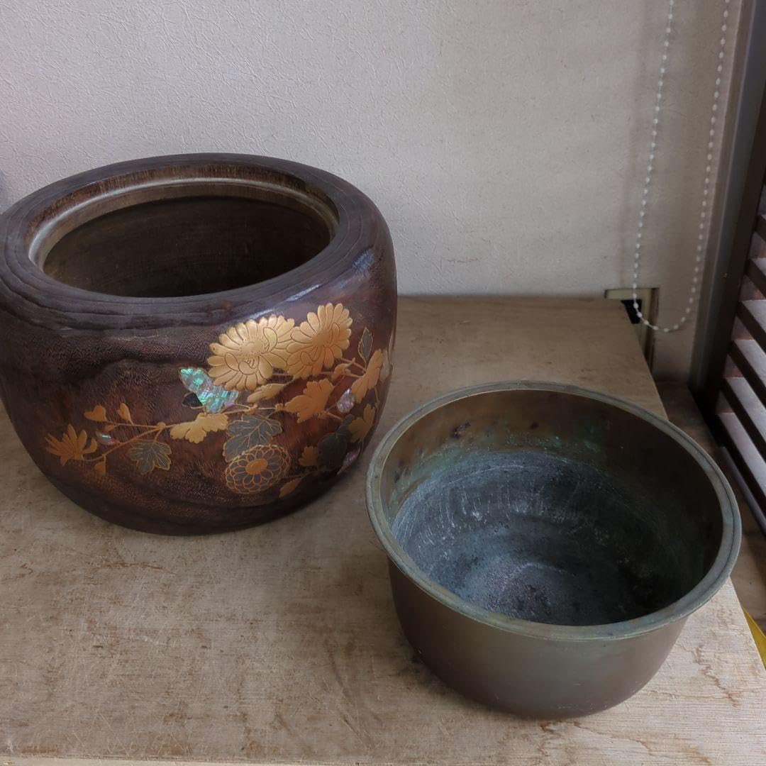 骨董 火鉢 蒔絵 螺鈿 大振り 内側銅器 花入 鉢カバー 骨董 火鉢 螺鈿