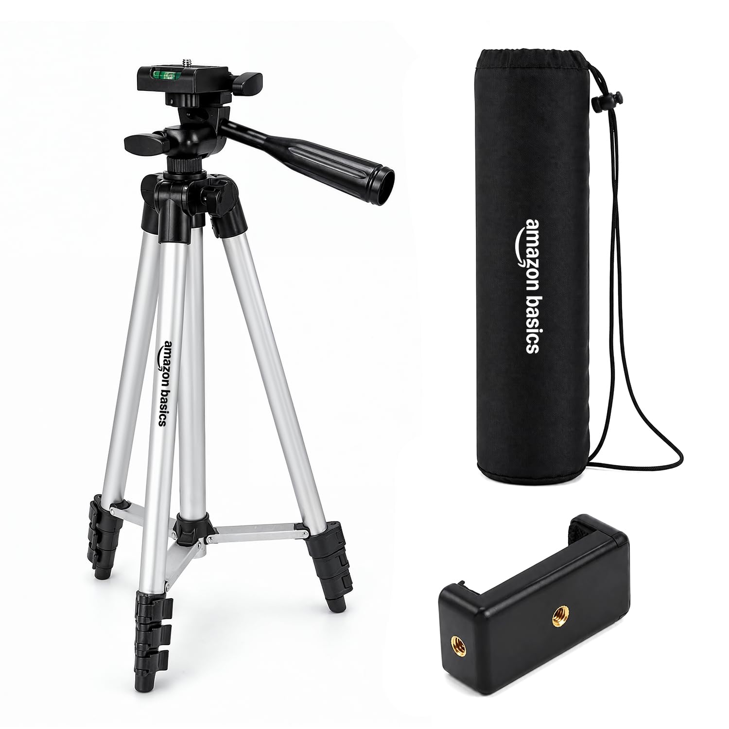 Amazon Basics 55 Inch Aluminum Tripod Stand, Lightweight Adjustable with Phone Holder, 3-Way Pan Head, Bubble Level, Carry Bag, Compatible with Smartphones, GoPro, DSLR Cameras (5kg Load Capacity)-image-41