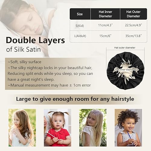 Miniatura 6 de Gorro de satén para dormir mujeres y niños, gorro de seda de doble capa para niñas y niños, gorra de noche de cabello rizado