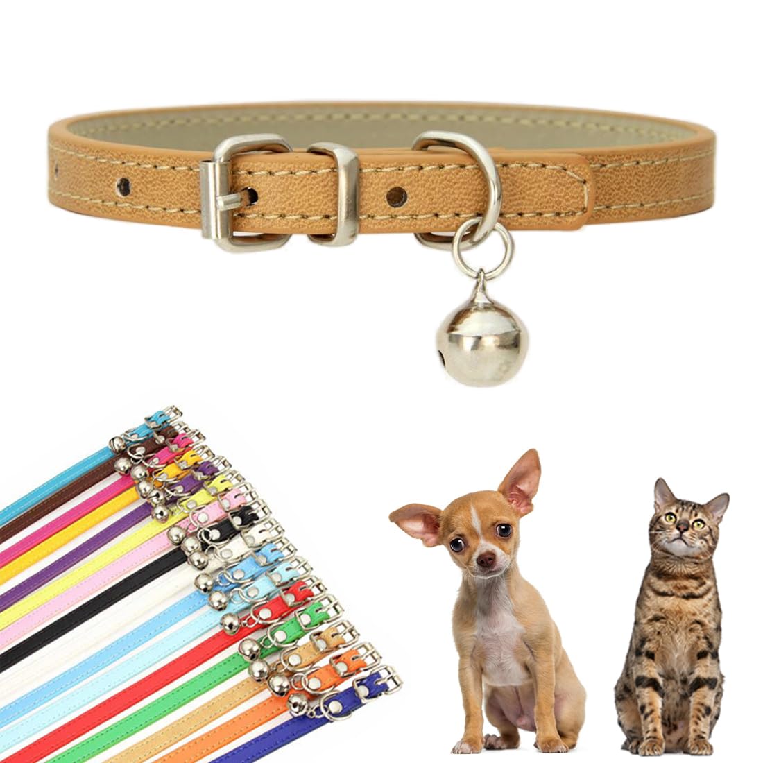 Khaki Dog Collar with Bell, Faux Leather Dog Collar with Bells Pu Basic Boy Dog Collars for XXS XSmall Small Medium Pet Male Dogs Little Cats Tiny