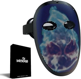 قناع الوجه ليد يعمل بتطبيق فيديو عالي الدقة HD لتحويل الوجه من مستر بوجي وبالبلوتوث، يمكنك تركيبه بنفسك ويصدر الموسيقى، بالتحكم الصوتي للهالوين والحفلات من مستربوجي