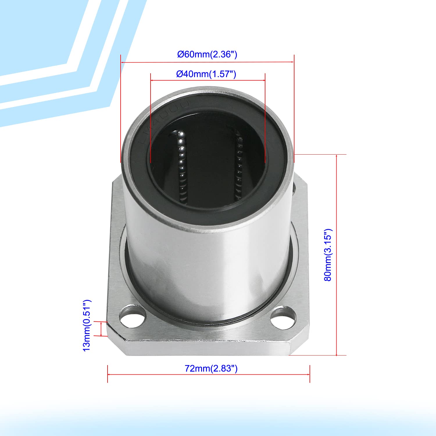 LMK40UU Square Flange Linear Motion Ball Bearing, ID 40mm, OD 60mm Linear Ball Bearings Sae52100 Carbon Steel, 6 Rows of Steel Balls, Great for CNC, 3D Printer, Linear Rail Guide — Amazon image 2
