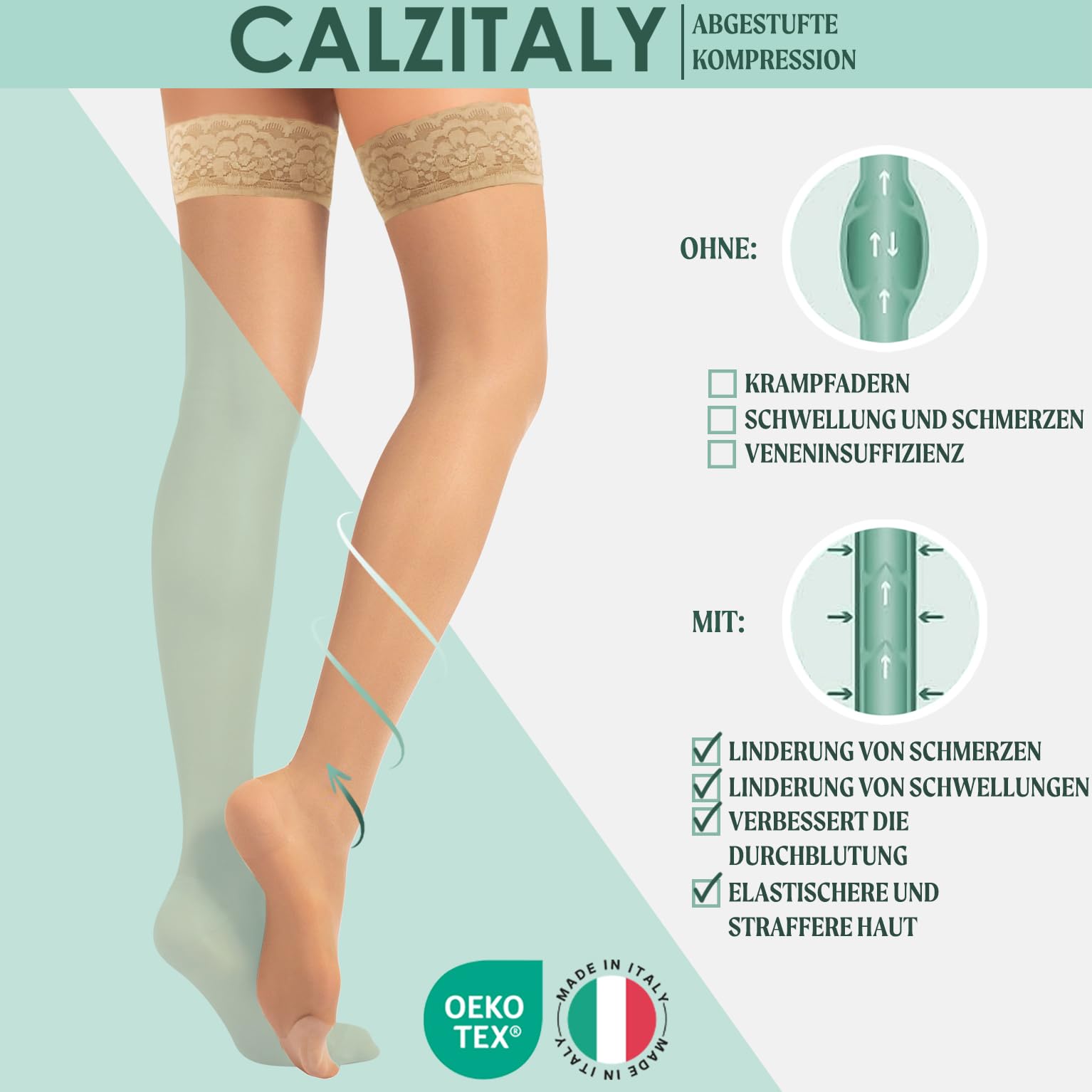 CALZITALY Schenkelstrümpfe mit Abgestufter Kompression | Stützstrümpfe Mittlerer Kompression 10-14 mm/Hg | Schwarz, Hautfarbe | S, M, L, XL | 70 DEN | Made in Italy (S, Beige)