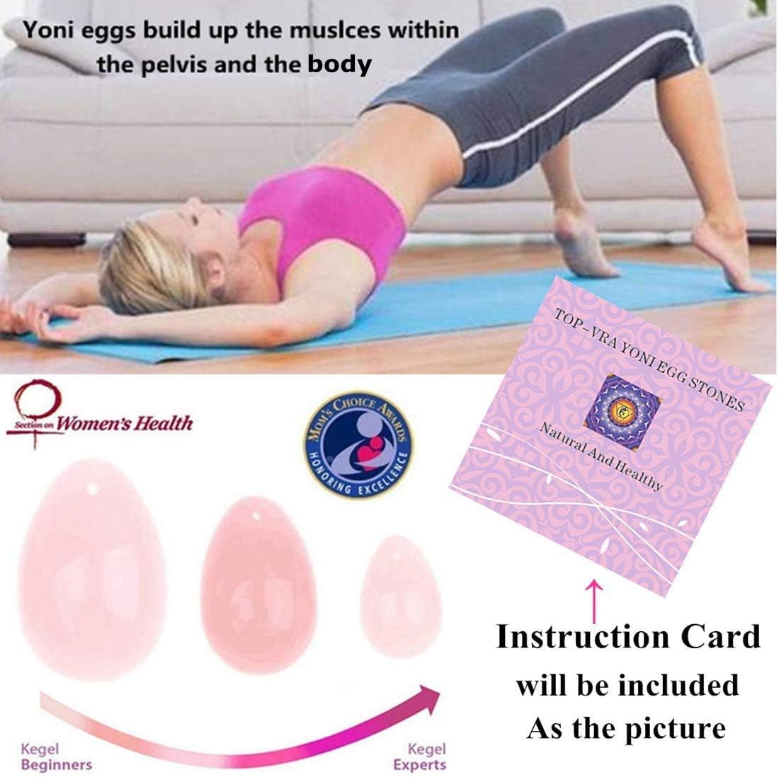 Yoni Eggs Jade Stone Egg Yoni Egg, GIA Certified,Eggs Stones 3PCS Crystal Chakra Healing Yoga Exercise Eggs to Train PC Muscles for Women Exercise (Rose Quartz)