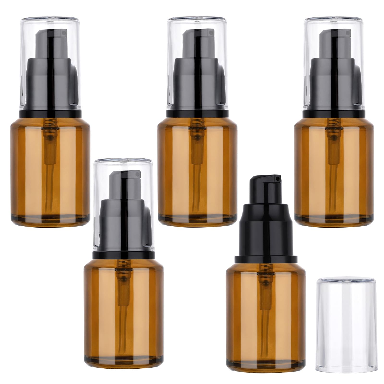 Segbeauty 1oz Refillable Lotion Bottle with Pump, Pack of 5 Frosted Travel Glass Bottles Creams Lotion Containers Foundation Bottle for Travel Size, 30ml Makeup Pump Dispenser for Toiletries Amber