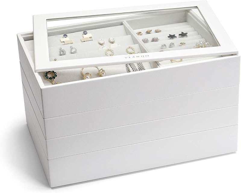 VLANDO Bandeja apilable para joyas de 4 capas – Accesorios de joyería multiusos, almacenamiento y organizador para pendientes, collares, pulseras, anillos, color blanco con tapa transparente