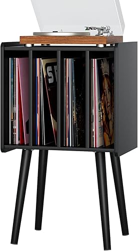 Soporte para tocadiscos, mesa para tocadiscos con almacenamiento de vinilo, soporte de mesa de discos de vinilo negro con gabinetes para 100