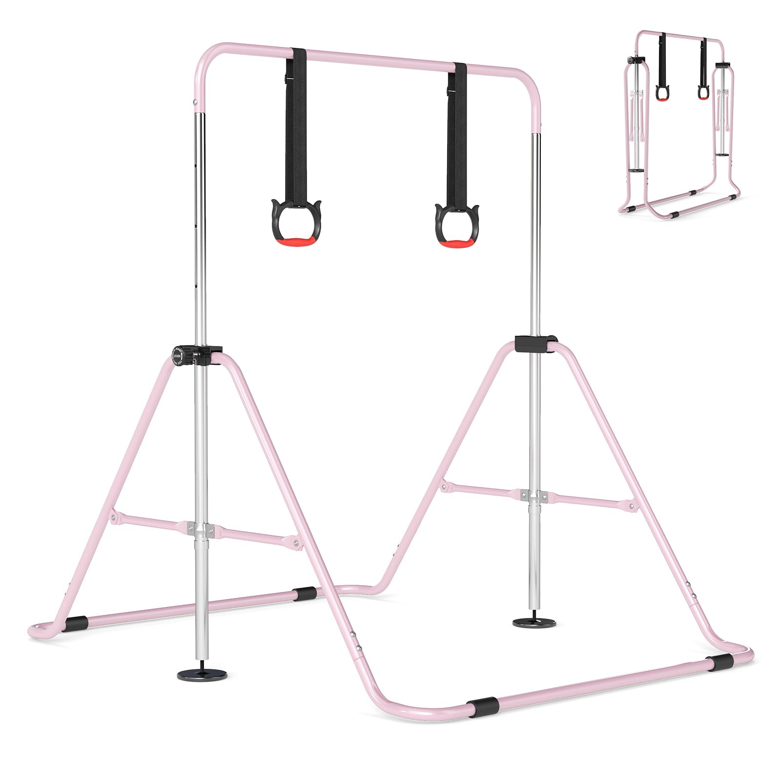 COSTWAY Folding Gymnastics Bar, Height Adjustable Horizontal Kip Bars with Anti-slip Base, Expandable Training Monkey Bar Home Equipment for Kids Juniors (with Gymnastic Rings, Pink)