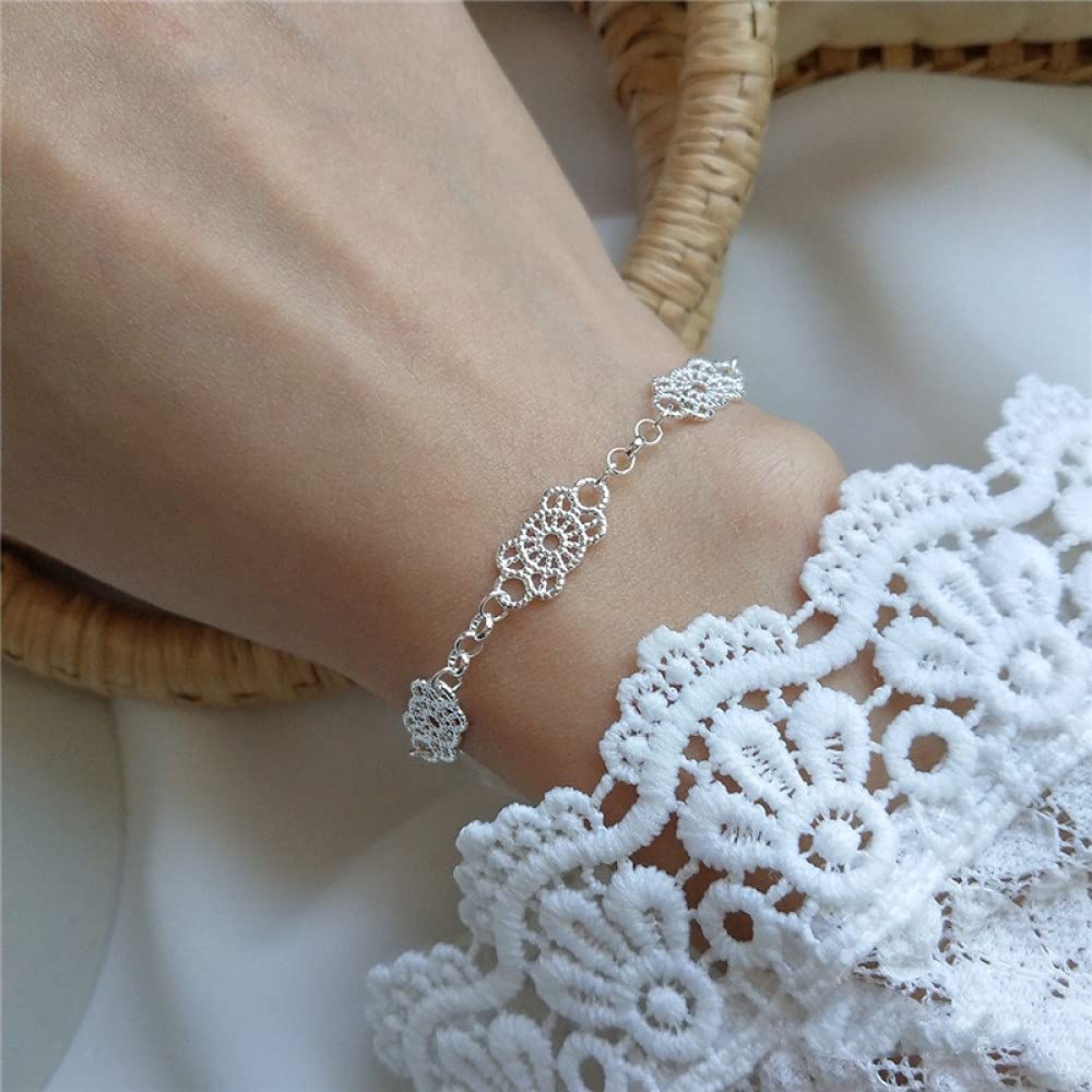 Armband Damen Silber,S925 Silberarmband Hohl Geschnitzte Spitze Freundschaftsarmbänder Einstellbar Exquisite Sterling Silber Schmuck Für Frauen Geschenk Freundin Frau