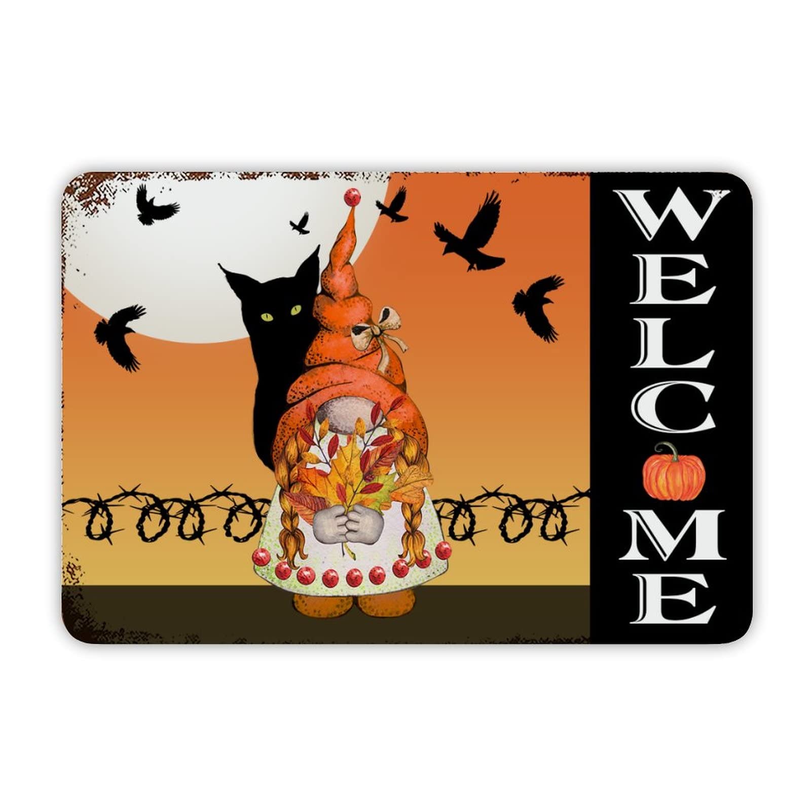 ENEDNATE Farmhouse Man Cave Metal Sign Welcome Halloween Pumpkin Gnomes Cat Bat Retro Aluminum Tin Metal Signs for Indoor & Outdoor Yard Office Kitchen Living Room Door Home Décor 8x12 Inch