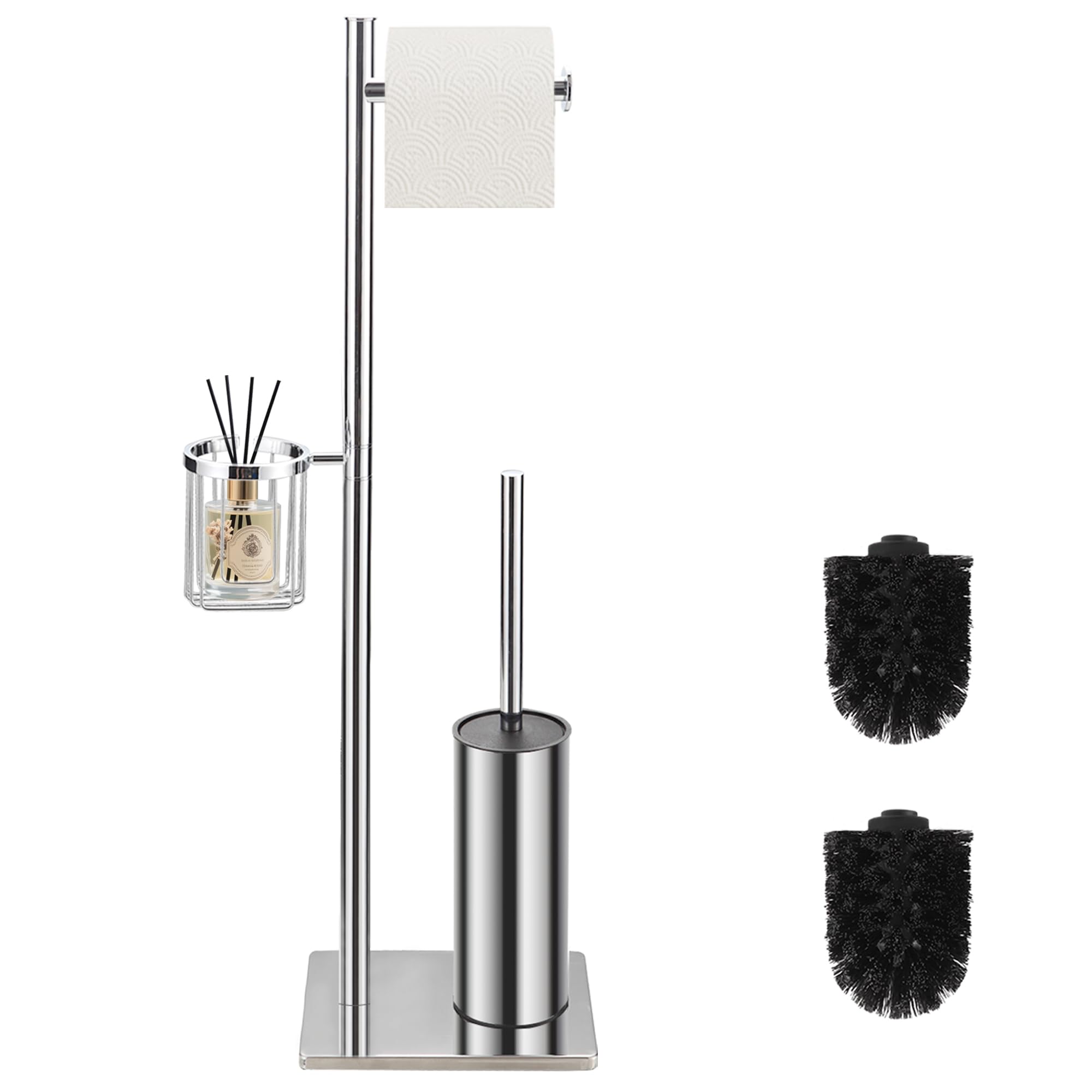 DAZI Brosse Toilettes WC métallique autoportante, Brosse WC avec 2 Balai Toilette WC pour Le Nettoyage en Profondeur de la Salle de Bain (Chrome)