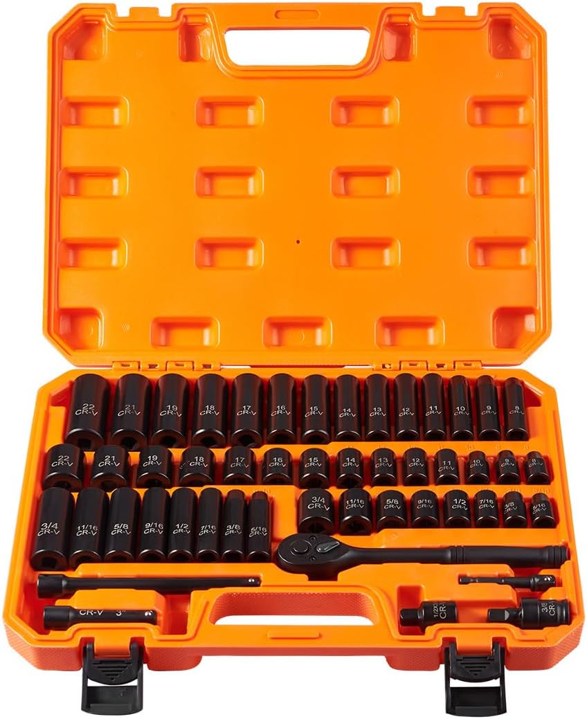 50-Piece 3/8" Drive Impact Socket Set, SAE and Metric, Deep and Shallow with Ratchet Handle, 6 Points, Cr-V, Extension Bars, Universal Joint, with Purple Storage Case