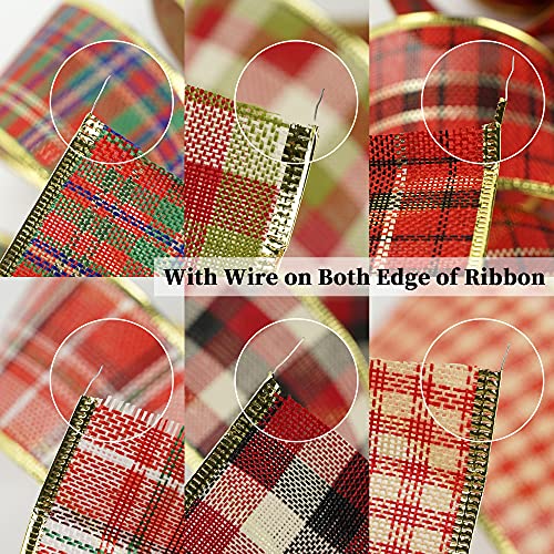 Meedee Christmas Ribbon 2.5 Inch 6 Rolls 36 Yards Buffalo Plaid With Gold Wire Edged Ribbon Bulk Plaid Christmas Tree Decorating Ribbon Perfect For Gift Wrapping Tree Garland Topper Bow Swag Wreath #TOP7