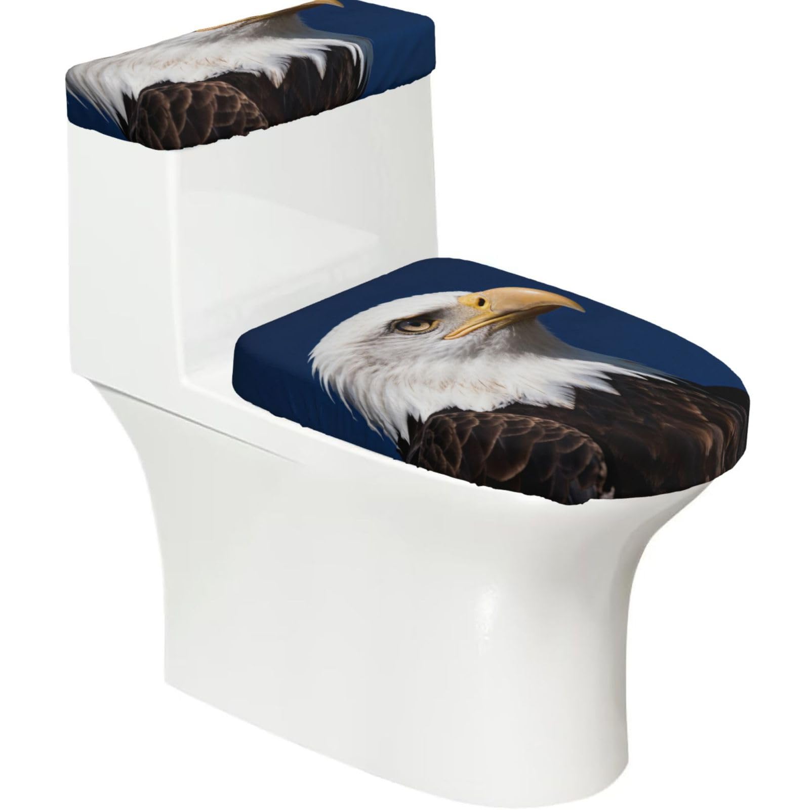 Bald Eagle Elastic Toilet Cover Set of 2-Stretchy Lid and Tank Covers for Bathroom, Soft Washable U Shape Toilet Decor