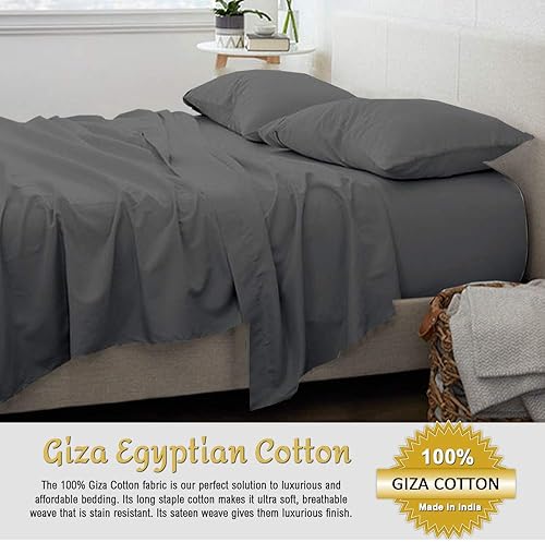 Miniatura 3 de Shreem Linen Juego de ropa de cama  Sábanas de algodón Giza King  400 hilos, 100% algodón egipcio, tejido satinado, gris oscuro, 1 ajustada, 1