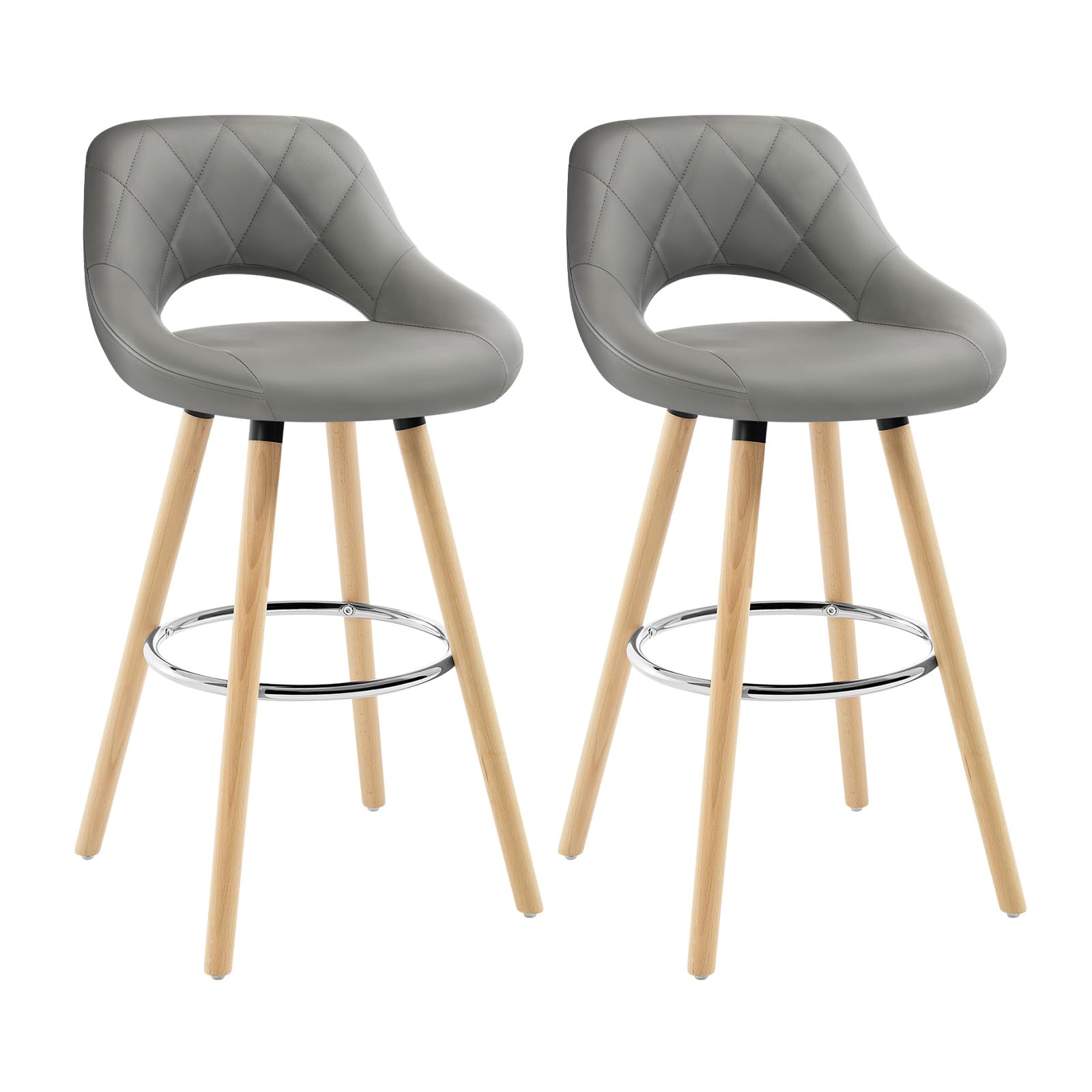 WOLTU Set of 2 High Stools with Hollow Back and Footrest for Bistro, Cafe and Kitchen, with Faux Leather Cover and Wooden Legs, Grey