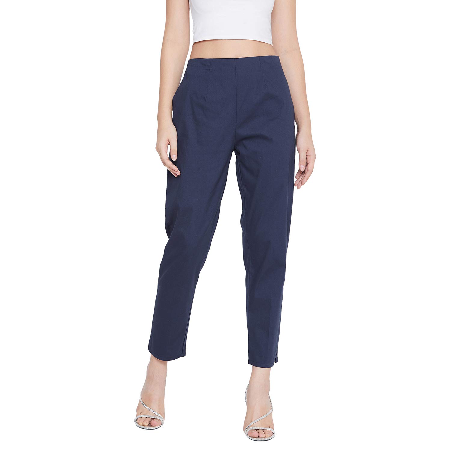 Women's Stretchable Cotton, Regular Fit Trousers/Pants/Chinos Navy