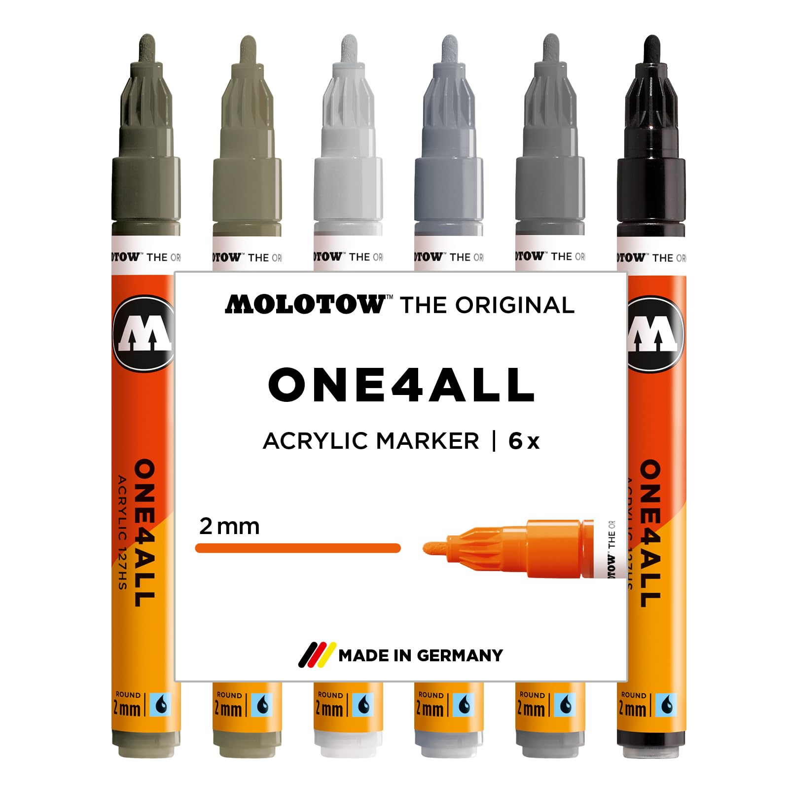 Molotow One4All 127HS Acrylic Marker Grey Set (2.0 mm Line Width, High Coverage and Permanent, Quick Drying, Refillable, for Almost All Surfaces) Pack of 6 Assorted Colours