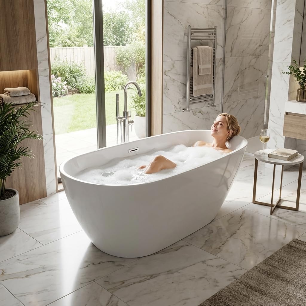 67" Freestanding Acrylic Bathtub, Deep Soaking Tub with Non-Slip Base & Chrome Drain, cUPC Certified, Easy Install, Space-Saving Bathtub, Modern Tub for Bathrooms, White Pearl - Image 4
