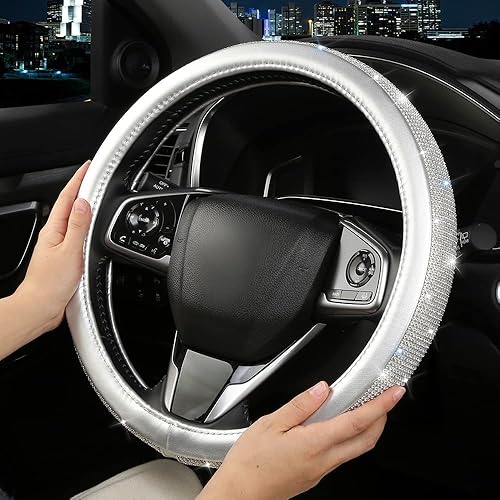 Miniatura 6 de Funda para volante de cuero con diamantes de imitación de cristal, transpirable, antideslizante, ajuste universal de 14 a 15 pulgadas, accesorios de