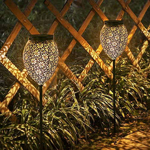 JOYCREATOR Metalowe Lampy Solarne Na Zewnątrz, 2 Sztuki IP65 Wodoodporne Do Ogrodu, Ciepła Biel Orientalne LED Ogrodowe Patio Balkon Dekoracje