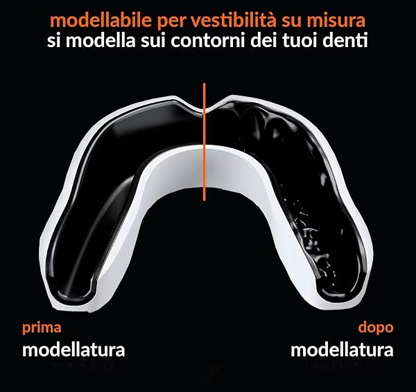 d3 Paradenti Bambini Junior [fino 12 anni Modellabile doppio strato gel] protezione denti mouthguard Contatto Completo per Tutti Gli Sport | custodia inclusa |Rugby, MMA (1 Paradenti Bianco/Nero) - 2