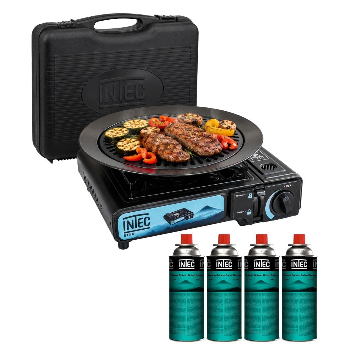 Kuchenka gazowa 2200W + Płyta grillowa + 4 kartusze gazowe, Grill Camping, Walizka INTEC