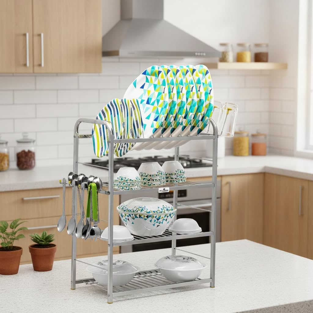 Palomino Stainless Steel 4 Shelf Wall Mount Kitchen Utensils Rack | Dish Rack with Plate & Cutlery Stand | Modular Kitchen Storage Rack | Kitchen Organizer (18x24 inches)