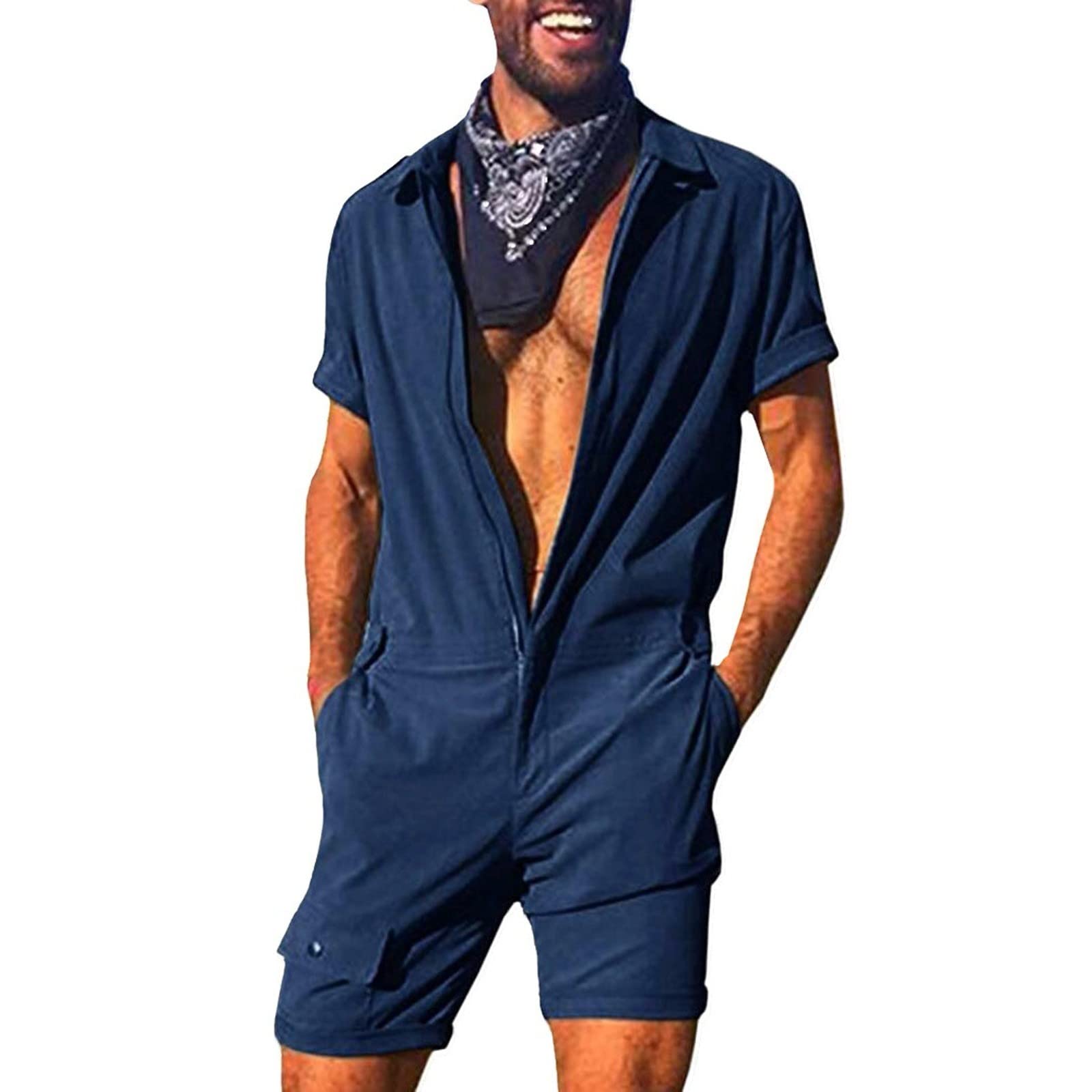 Herren Kurze Jumpsuit für Sommer, Herren Kurzarm Strampler Overall Loose Fit Jogginghose Kurze Hose Overall Onesie Sommerjumpsuit Schlafanzug Jogginganzug