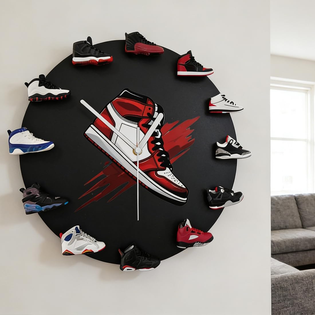 Horloge murale décorative avec 12 mini chaussures de basket 3D, cadeau pour hommes et femmes amis (noir)