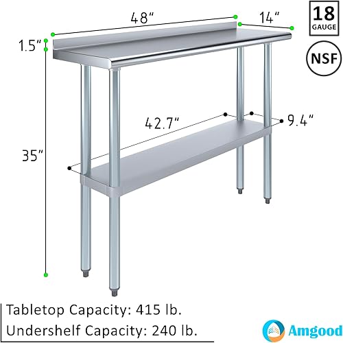 Miniatura 3 de AmGood Mesa de trabajo de acero inoxidable de 14 x 48 pulgadas con protector contra salpicaduras de 1.5 pulgadas | Mesa de preparación de alimentos