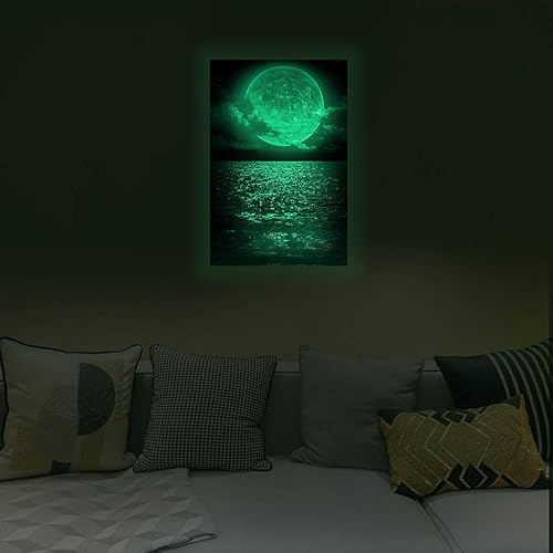 Murales de pared de luna llena sobre el mar que brilla en la oscuridad, con temática oceánica, impermeables, extraíbles, fluorescentes, calcomanías