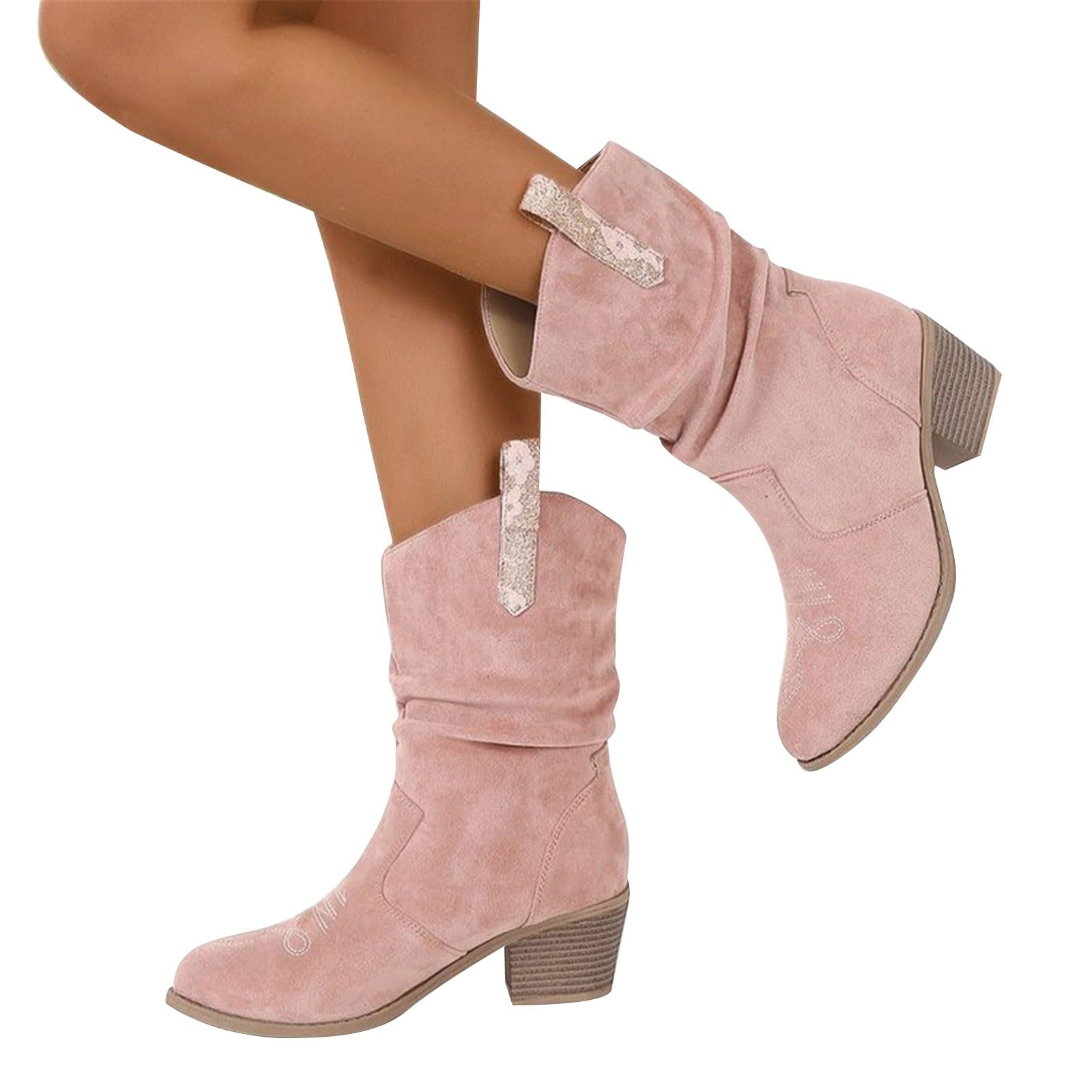 Stivali da cowboy da donna in pelle scamosciata, eleganti stivali da donna con tacco a blocco, stivali invernali, stivali da equitazione, cowgirl