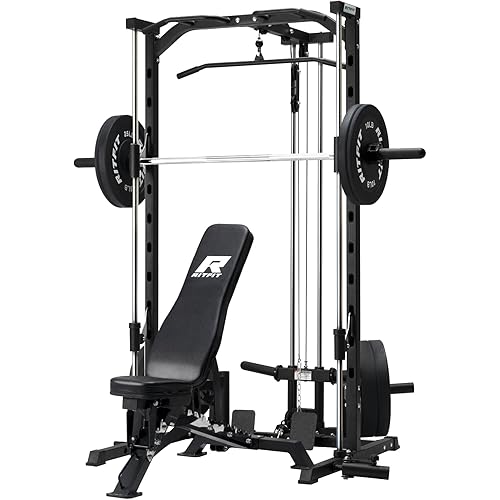 RitFit Smith Machine Power Rack with LAT-Pull Down System, Landmine, Barbell Bar, Plate Storage Pegs and More Training Attachment