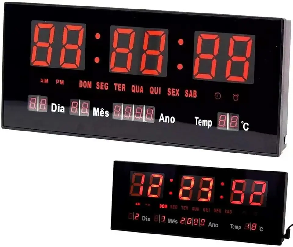 Relógio Digital LED Grande de Parede ou Mesa com Calendário, Data, Hora e Temperatura – Ideal para Escritório, Sala, Loja e Academia