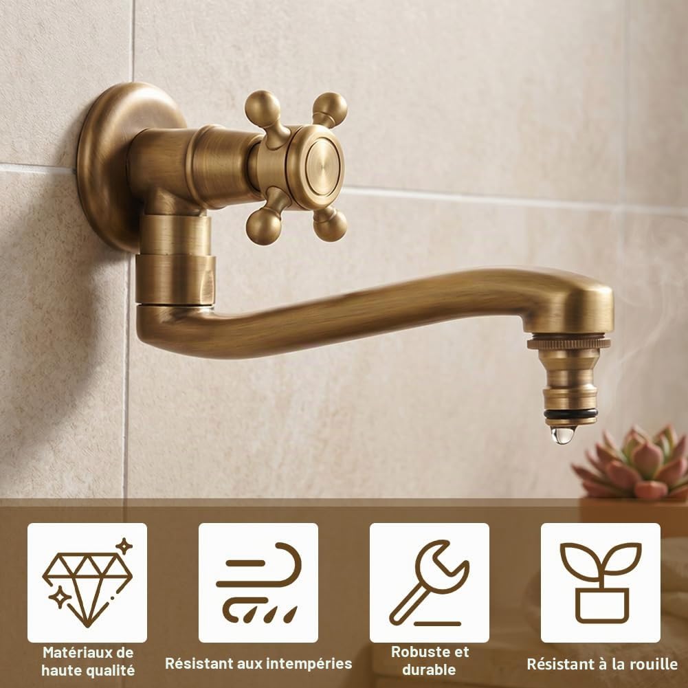 Robinet Extérieur, 21.8cm Robinet de Jardin Antique avec Bec Étendu | Robinet Eau Froide Simple à Montage Mural en Cuivre pour Jardin, Patio, Cour(Bec pointu)