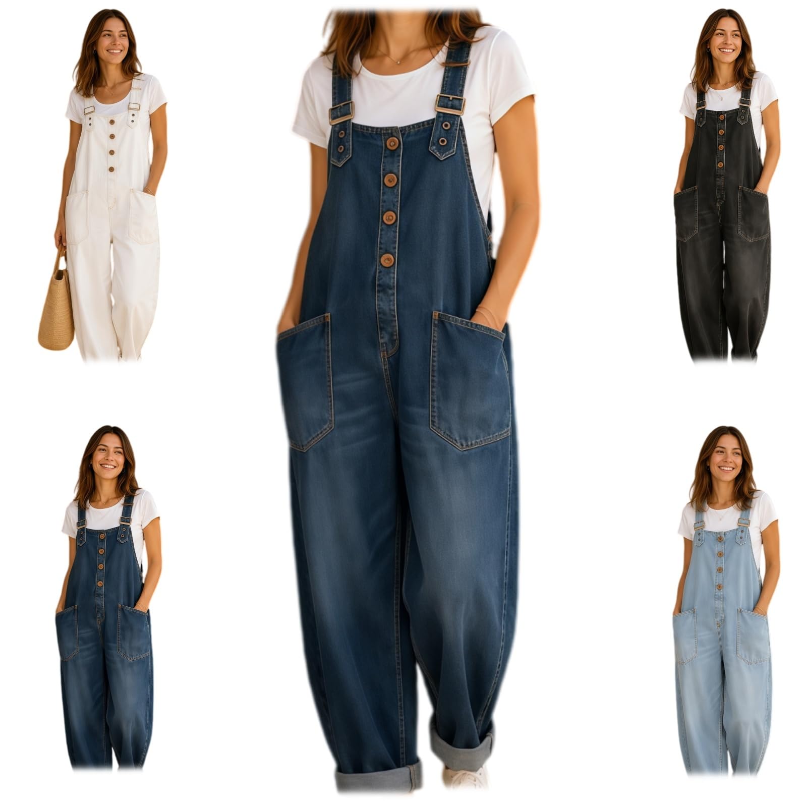 Generisch Retro Jeansoverall Damen Sommer, Jeans Overall, Lockere Latzhose mit Weitem Bein, Moderner Jumpsuit für den Alltag, Modischer Denim Anzug